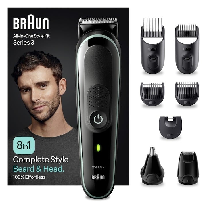 Aparat de tuns multifunctional Braun MGK3441, Wet&Dry, 8-in-1, 5 piepteni, 1 capat, 1 mini aparat de ras, autonomie 80 minute, Saculet de voiaj, Negru/Verde