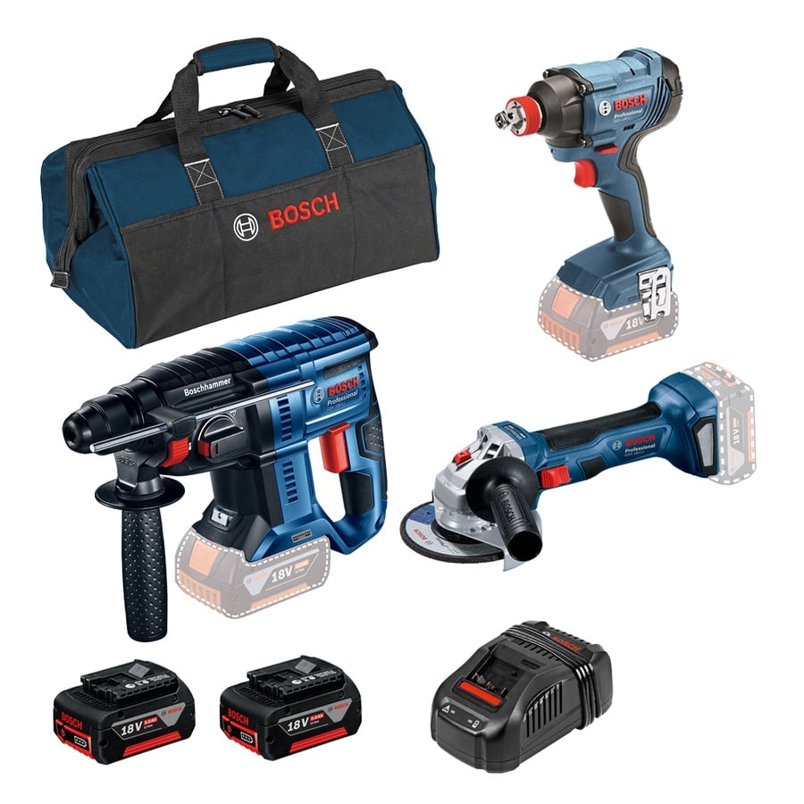 Bosch Kit 3 scule 18V: Ciocan rotopercutor GBH 180-LI + Polizor unghiular GWS 180-LI + Masina de gaurit cu percutie GDX 180-LI + 2 x acumulatori Li-Ion, 5 Ah + incarcator rapid GAL 1880 CV + Geanta textil