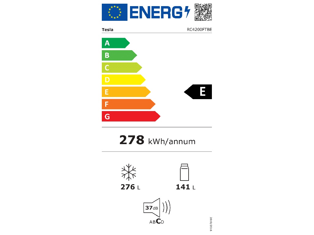Combina frigorifica Tesla RC4200FTBE, 417 L, H185Clasa E, Total No Frost, lumina LED, Negru