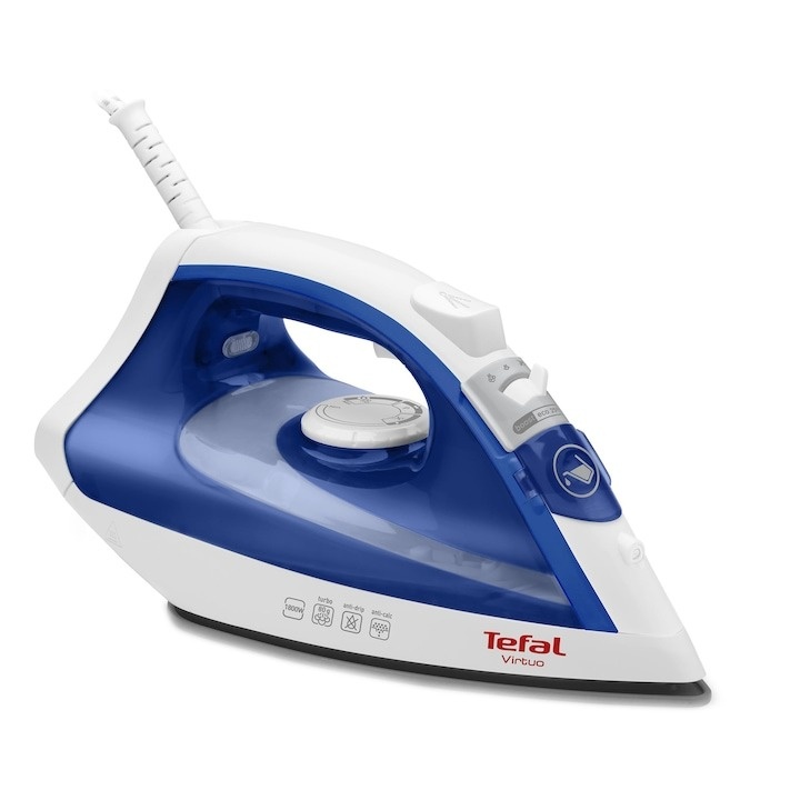 Fier de calcat Tefal Virtuo FV1711E0, 1800W, jet de abur 80 g/ min, abur variabil 0-24 g/ min, rezervor apa 200 ml, functie anticalcar, sistem antipicurare, albastru