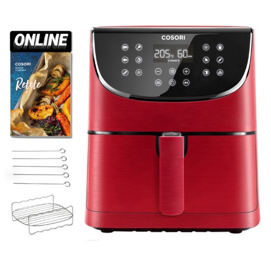 Friteuza cu aer cald, fara ulei, Cosori Air Fryer, Ecran digital, 11 functii de gatire presetate, 1 Grilaj pentru frigarui si 5 Frigarui, Capacitate 5.5 litri, 1700W, Rosu