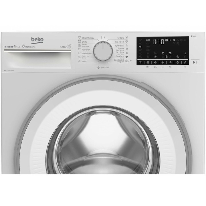 Masina de spalat rufe Slim Beko B3WFU59425W, 9 kg, 1400 RPM, Clasa A, HomeWhiz prin Bluetooth Remote Control, SteamCure, AddXtra, Motor ProSmart Inverter, AddXtra, AutoClean Detergent Drawer, Silent Tech, Alb - 3 | YEO