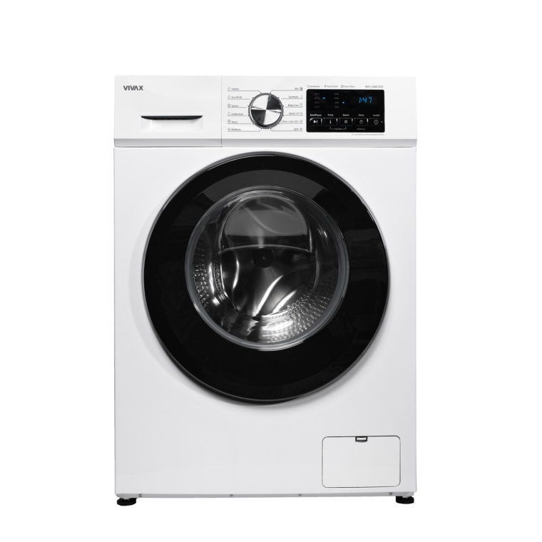 Masina de spalat rufe VIVAX WFL-120812CD, 8 kg, 1200 RPM, Clasa E, Baby Care, Eco, Display digital, Control electronic, Blocare acces copii, Temperatura reglabila, Drum Clean Sterilization, Quick Wash, Antisifonare, Delay Start, 12 programe, Alb