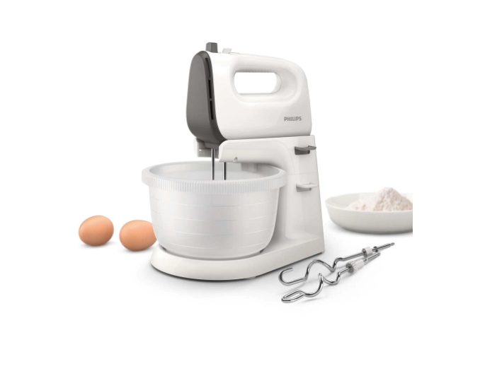 Mixer cu bol Philips Viva Collection HR3745/00, 450 W, 5 viteze, Functie Turbo, Bol actionare automata, capacitate bol 3L, , Alb/Gri