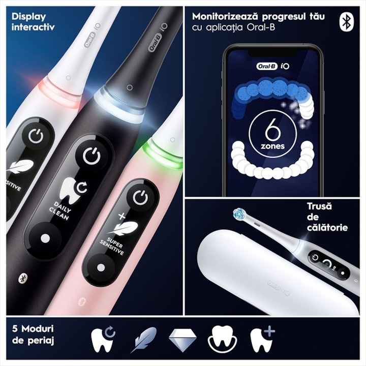 Periuta de dinti electrica Oral-B iO6 cu Tehnologie Magnetica si Micro-Vibratii, Inteligenta artificiala, Display led interactiv, Senzor de presiune Smart, Timer vizibil, 5 moduri, 1 capat, Trusa de calatorie, Negru - 3 | YEO