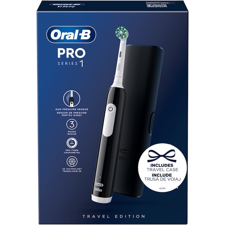 Periuta de dinti electrica Oral-B Pro 1, Curatare 3D, 3 programe, 1 capat de periaj, trusa de calatorie, Negru - 3 | YEO