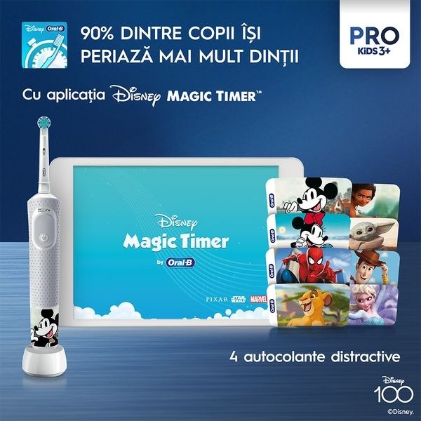 Periuta de dinti electrica pentru copii Oral-B Vitality Pro Kids Mickey 100 pentru copii, Curatare 2D, 2 programe, 1 capat, 4 autocolante, +3 ani, Alb