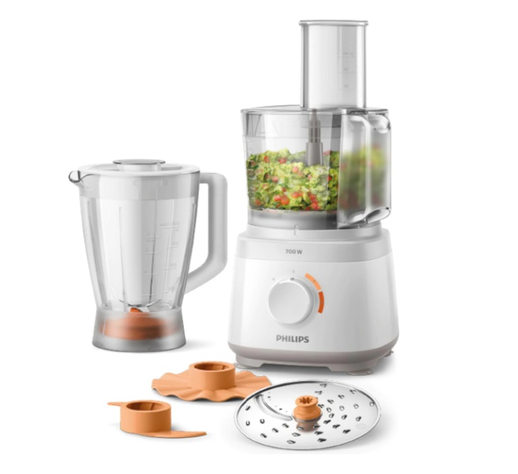 Robot de bucatarie Philips Daily Collection HR7320/00, 700 W, 2 viteze, bol 2.1 L, dispozitiv de emulsifiere, accesoriu de framantare, blender cu capacitate de 1 L, Alb