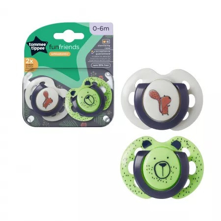 Set 2 Suzete ortodontice Tommee Tippee Fun Friends, 0-6 luni, Verde-Alb, cutie sterilizare