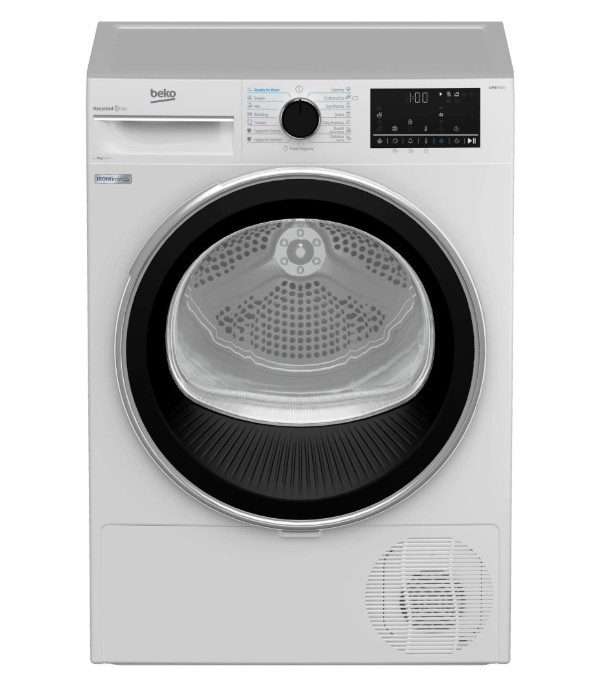 Uscator de rufe Beko B5T68233, Pompa de caldura EcoGentle™, 8 kg, 15 programe, Clasa E, RecycledDry, IronFinish, Hygienic Reresh, SteamCure, Alb
