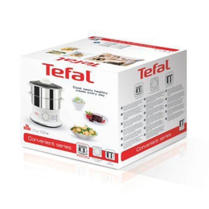 Aparat de gatit cu aburi Tefal VC145130, 900W, 6 L, timer de 60 de minute cu oprire automata, compatibil cu masina de spalat vase, nivel de apa vizibil, accesoriu pentru orez, alb/inox - 1 | YEO