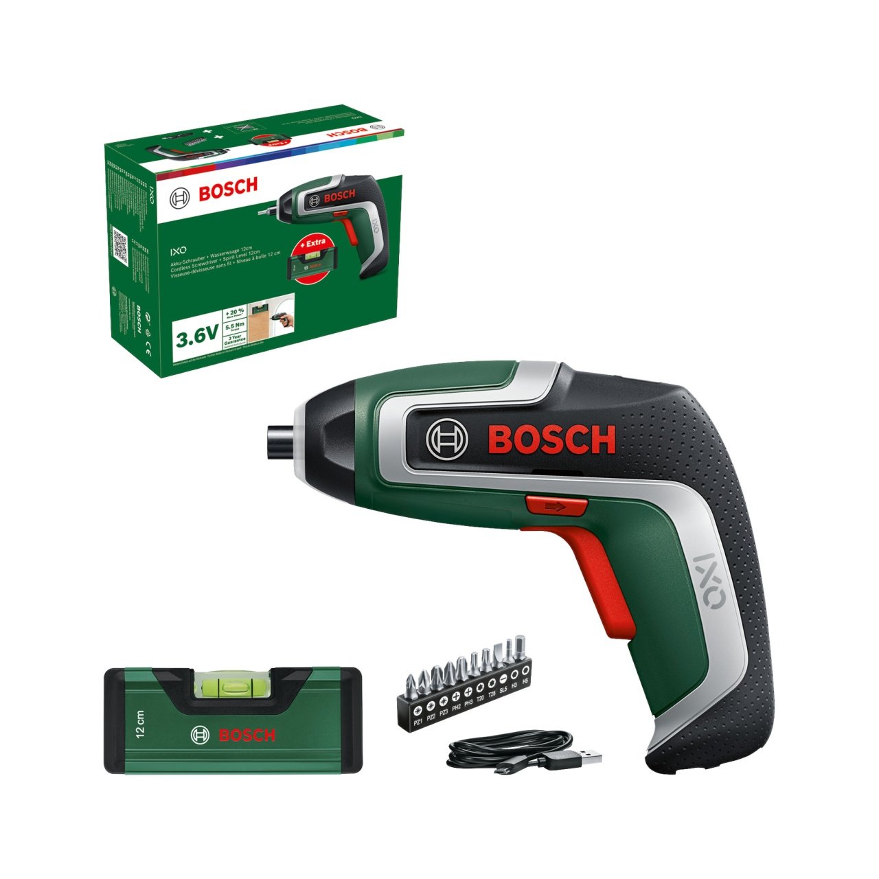 Bosch IXO 7 Surubelnita electrica USB, 3.6V, 2Ah + nivela + 10biti