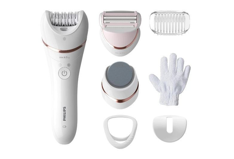 Epilator umed si uscat Philips Seria 8000 BRE730/10, 7 accesorii, 32 pensete, utilizare fara fir, 2 setari viteza, opti-light, discuri ceramice, Argintiu