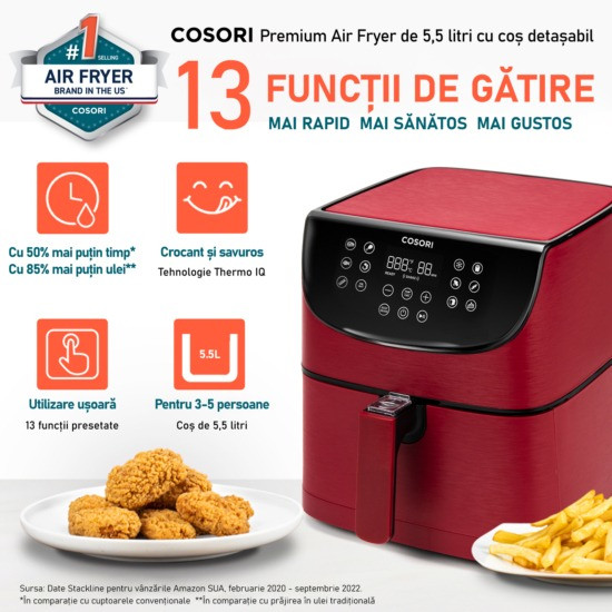 Friteuza cu aer cald, fara ulei, Cosori Air Fryer, Ecran digital, 11 functii de gatire presetate, 1 Grilaj pentru frigarui si 5 Frigarui, Capacitate 5.5 litri, 1700W, Rosu - 2 | YEO