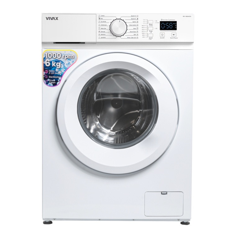 Masina de spalat rufe VIVAX WFL-100616CDS, 6 kg, 1000 RPM, Clasa E, Display digital, Children\'s sensitive laundry, Eco, Control electronic, Blocare acces copii, Temperatura reglabila, Drum Clean Sterilization, Program Rapid, Delay Start, 16 programe, Alb