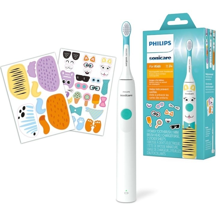 Periuta electrica sonica Philips Sonicare Kids HX3601/01, 2 intensitati, conectivitate la aplicatie, 1 capat de periere, aplicatie de consiliere, stickere, Alb/Bleu - 3 | YEO