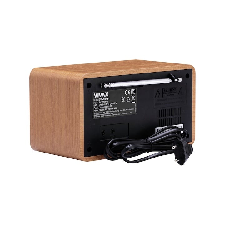 Radio cu ceas Vivax DW-2 DAB, 5W, FM, DAB+, Bluetooth, afisaj LED, 30 posturi presetate, carcasa lemn, maro