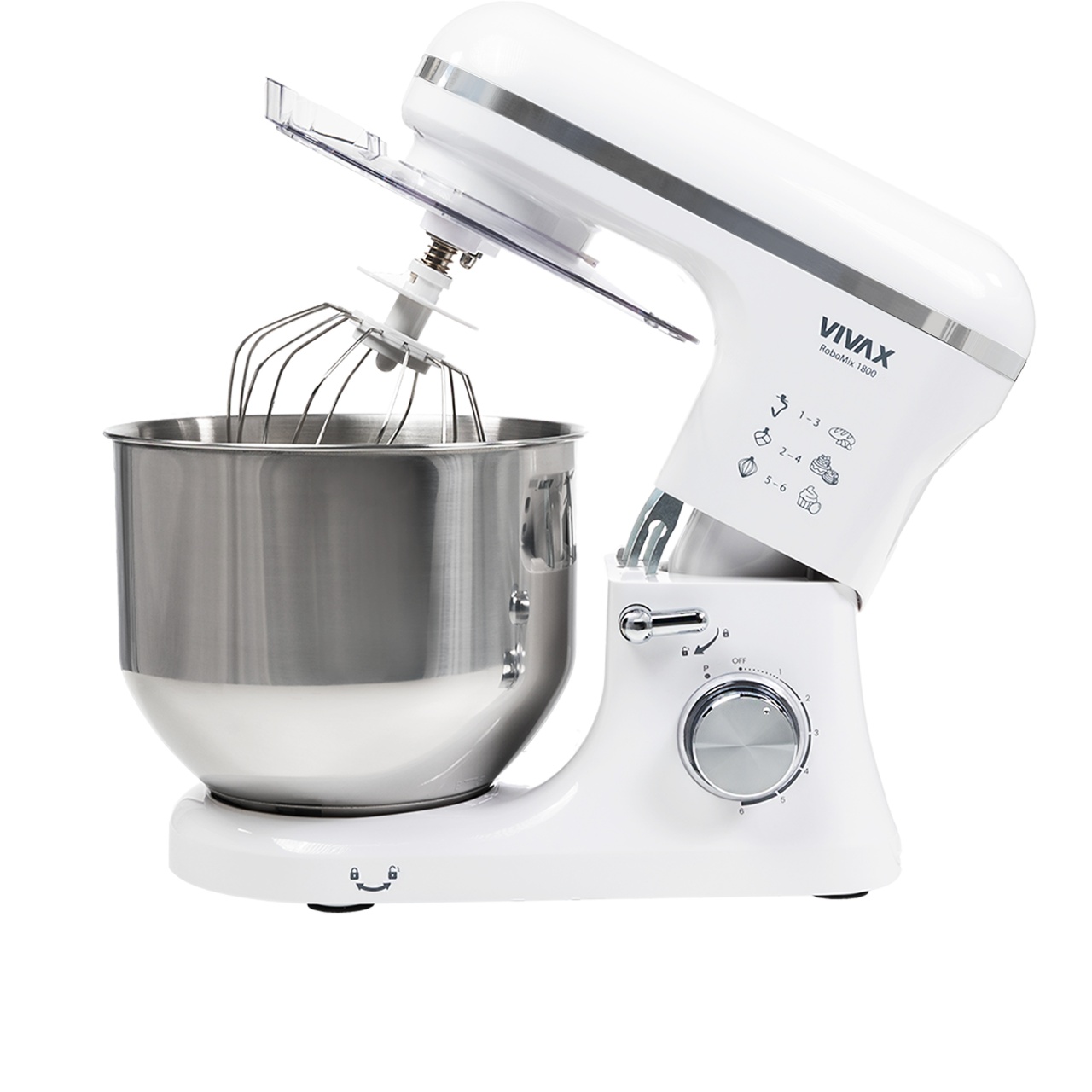 Robot mixer Vivax RM-71800WH , 1800 W, 6 Viteze + Turbo, 4 Accesorii, Bol otel inoxidabil, Alb/Argintiu
