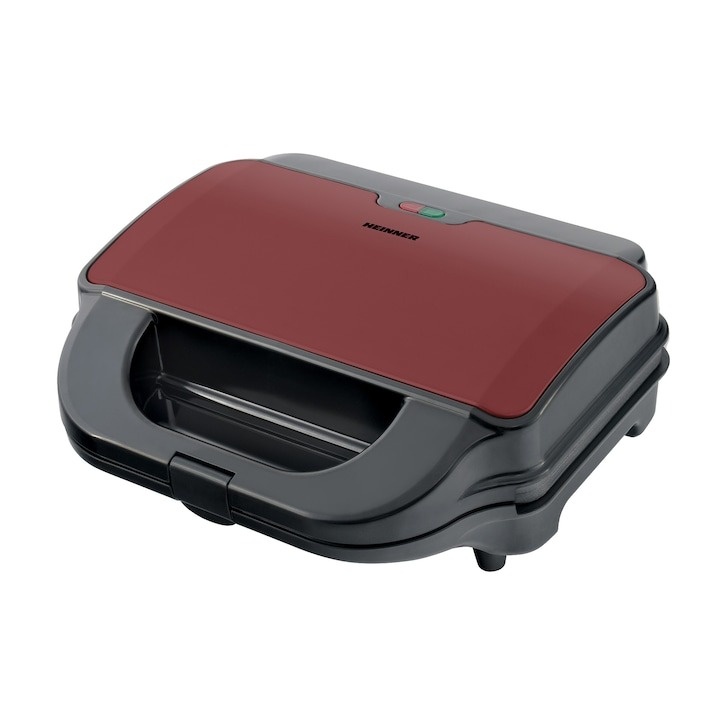 Sandwich maker Heinner SM-2H900BKS, 900 W, placi XL, 2 placi detasabile antiadezive: waffle, grill, Negru/Rosu