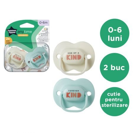 Set 2 Suzete ortodontice Tommee Tippee Anytime, 0-6 luni, Gri/Albastru, cutie sterilizare