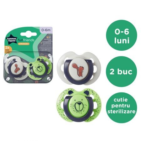 Set 2 Suzete ortodontice Tommee Tippee Fun Friends, 0-6 luni, Verde-Alb, cutie sterilizare