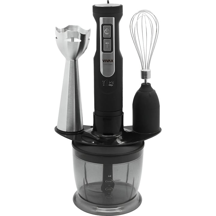 Set blender 3 in 1 Vivax HBS-500X, 500W, 0.6l, 2 viteze, Turbo, lama otel inoxidabil, maner detasabil, tel, suport accesorii, negru/argintiu