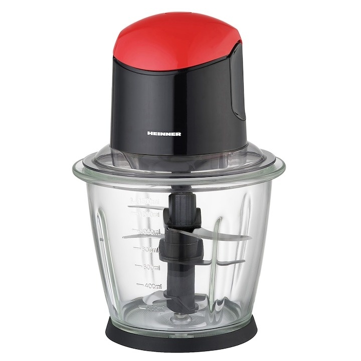 Tocator de legume Heinner, bol sticla 1.5L, 3 cutite din inox, angrenaj metalic, baza anti-alunecare, sistem de siguranta, putere: 500W, culoare negru cu rosu