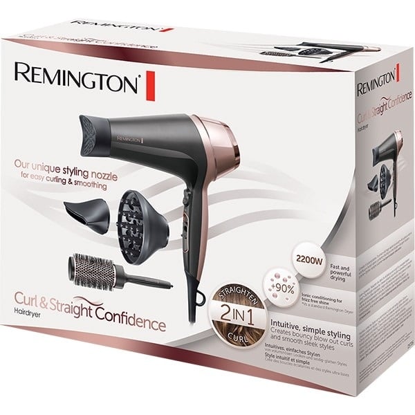 Uscator de par REMINGTON Curl & Straight Confidence Hairdryer D5706 + perie de par pentru coafare, 2200W, 3 viteze, 2 trepte de temperatura, negru-auriu