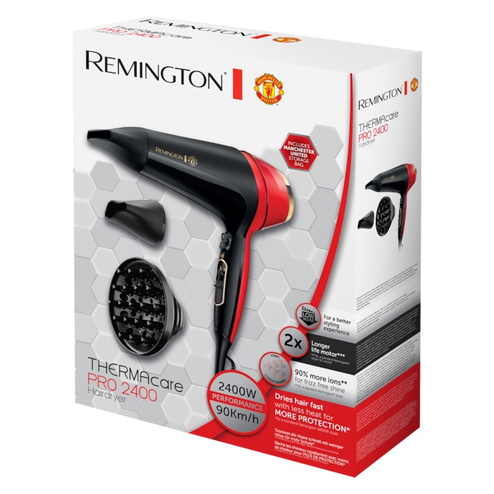 Uscator de par Remington D5755 Thermacare Manchester United, 2400 W, 2 viteze, 3 trepte de temperatura, Indicator LED Ionic, Turbo Boost, Rosu/ Negru - 2 | YEO