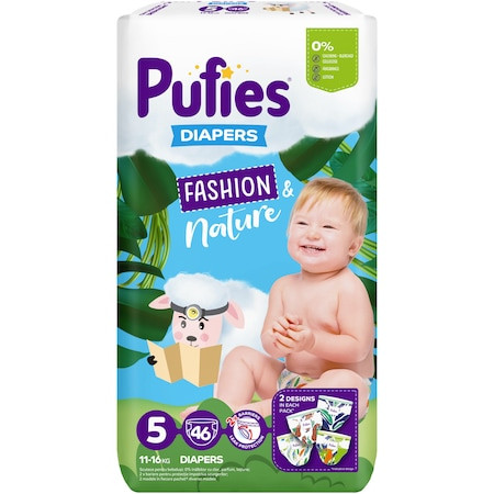 Scutece Pufies Fashion & Nature, Maxi Pack, 5 Junior, 11-16 kg, 46 buc