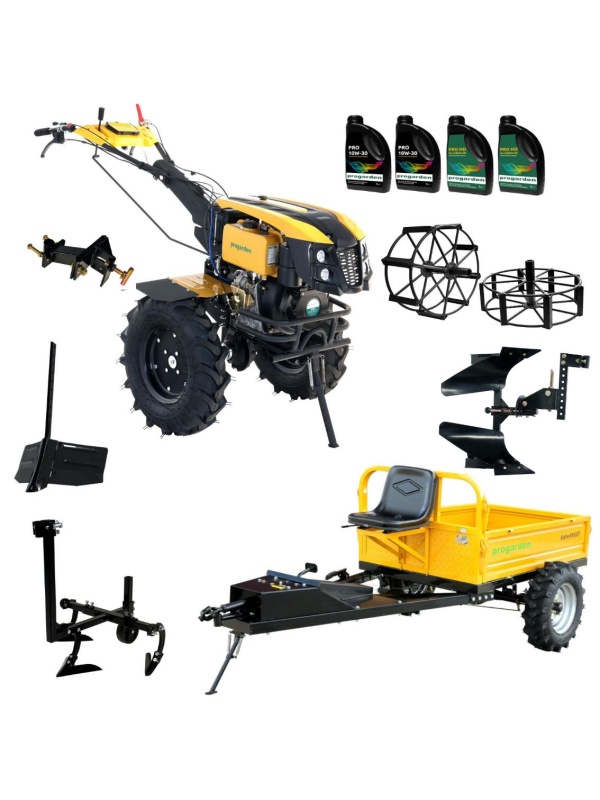 ProGARDEN Pachet Campo 1273 Alpine V2, Motocultor 12CP + PRS20-45 Prasitoare + Remorca RM500T+ Plug bilonat/rarita + Plug reversibil + Adaptor + 2 Roti metalice 540x170 + 4 L ulei