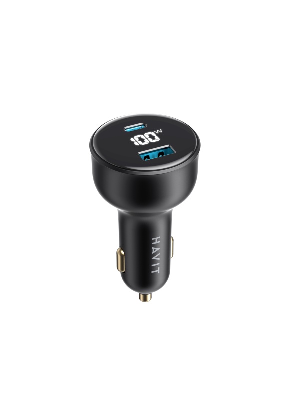 Incarcator auto cu Display Digital HAVIT CC100W, 1 USB-A, 1 USB-C, 100W, Negru