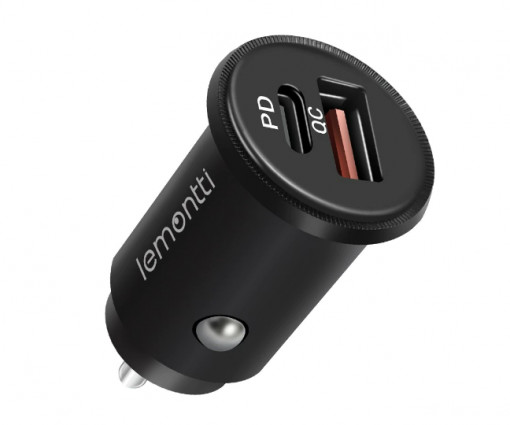 Incarcator Auto Lemontti PD USB + Quick Charge Type-C 30W, QC3.0, Black