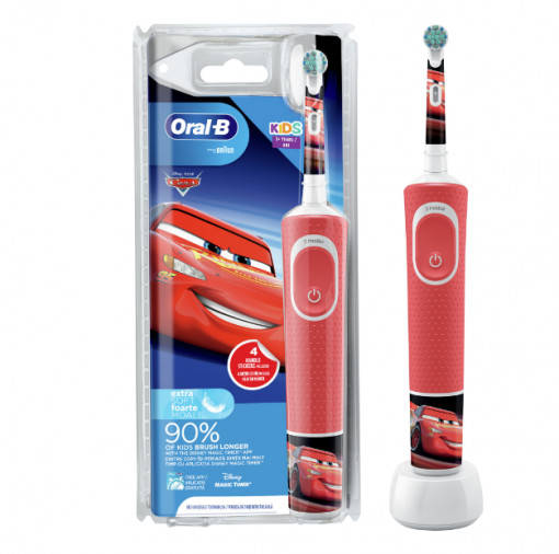 Periuta de dinti electrica Oral-B D100 Vitality Cars pentru copii 7600 oscilatii/min, Curatare 2D, 2 programe, 1 capat, 4 stickere incluse, Rosu/Negru