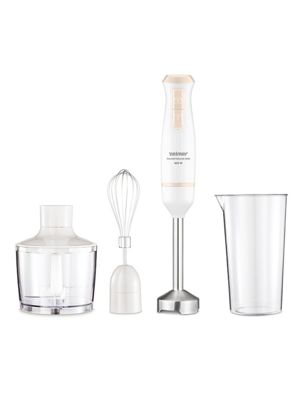 Blender de mana Zelmer ZHB4562I Pulsar Deluxe Max, 800 W, 2 lame inox, Picior inox, Recipient 800 ml, Tocator 450 ml, Tel, Design ergonomic, Alb/Crem