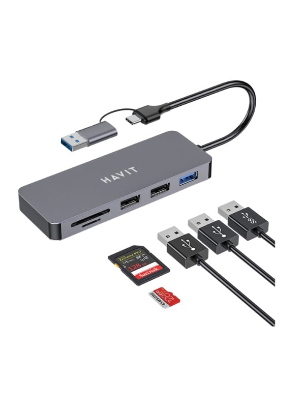Hub USB-C multiplu 5 in 1 HAVIT HV-H41, 3 USB A, 2 SD card slot, 110 x 40 x 12 mm, Viteza transfer date 5 Gbps, Gri Argintiu