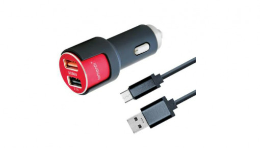 Incarcator auto Lemontti, Dual USB, 3.1A, Qualcomm 3.0, Cablu MicroUSB inclus, Negru