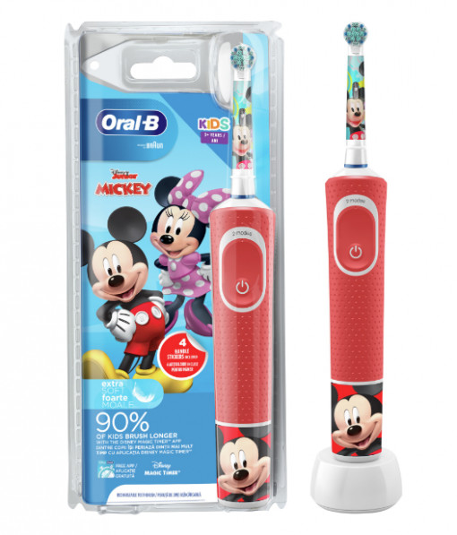 Periuta de dinti electrica Oral-B D100 Vitality Mickey pentru copii, Curatare 2D, 2 programe, 1 capat, 4 stickere incluse, Rosu