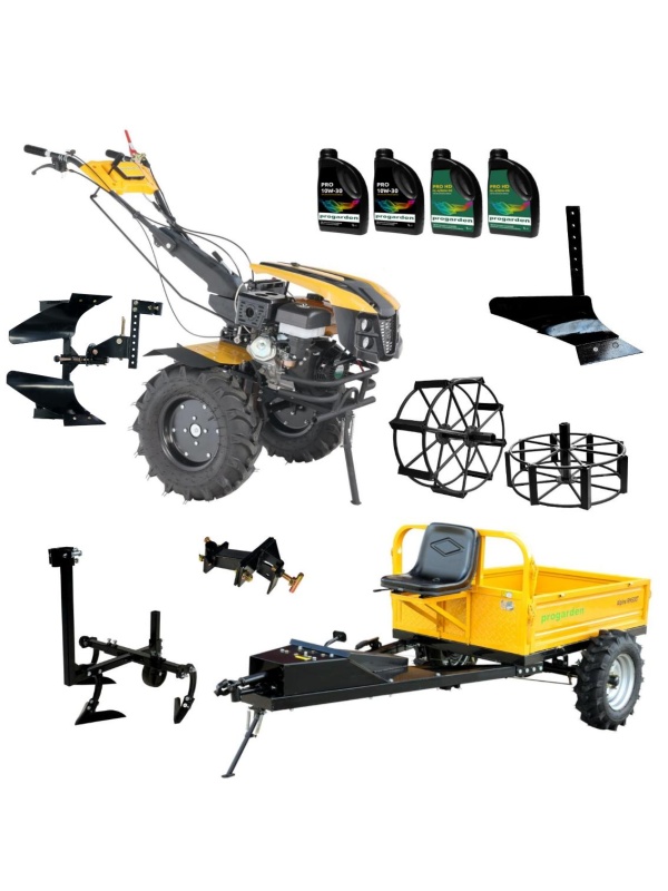 ProGARDEN Pachet Campo 1873 Alpine V2 Motocultor 18CP + RM500T Remorca + 2xPlug + Prasitoare + Adaptor + 2xRoti metalice 540x170 + 4L Ulei