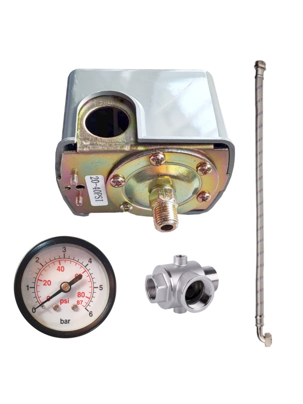 Progarden Set accesorii hidrofor, presostat mecanic ¼”, manometru 0-12bar, racord 5 cai, racord flexibil