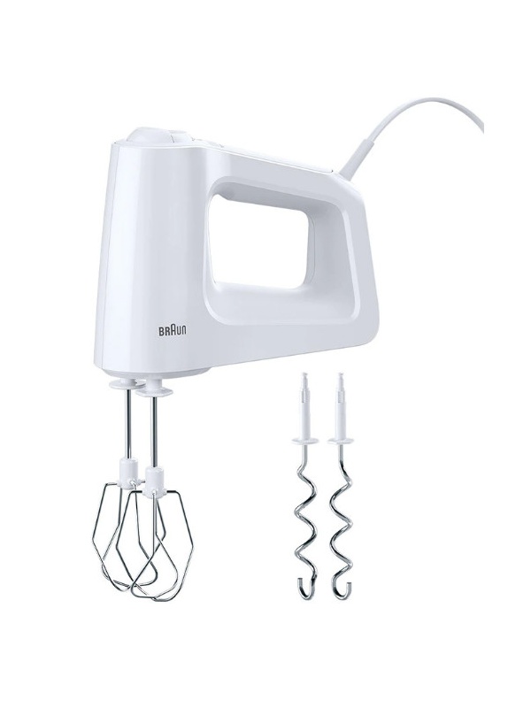(Resigilat) Mixer de mana Braun HM3000WH, 450 W, 5 viteze + Turbo, 2 palete, 2 carlige pentru aluat, Alb/Gri
