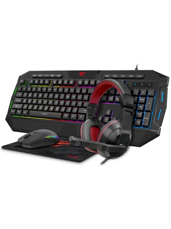 Kit 4 in 1 tastatura, mouse, mousepad si casti gaming HAVIT KB501CM, USB/plug 3.5, 19 taste anti-ghosting, US Layout, Negru