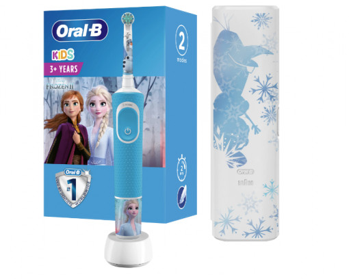 Periuta de dinti electrica Oral-B Vitality Frozen pentru copii 7600 oscilatii/min, Curatare 2D, 2 programe, 1 capat, 4 stickere incluse, Trusa de calatorie, Albastru