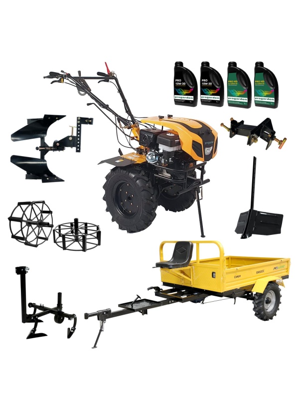 ProGARDEN Pachet Campo 1844 Motocultor 18CP + Remorca RM600C + Plug bilonat + Plug reversibil + Prasitoare + Adaptor + 2 roti metalice 540x170 + 4L Ulei
