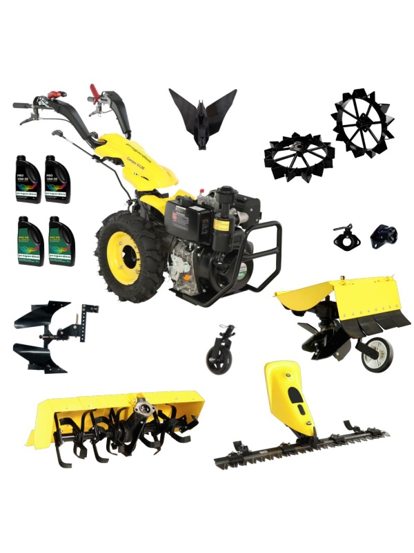 ProGARDEN Pachet Campo U12E Motocultor 12CP + BC120M Bara cosire + 3xPlug + FT90 Freza tractata + 2xRoti metalice RM47 + 2xCuple + 4L Ulei