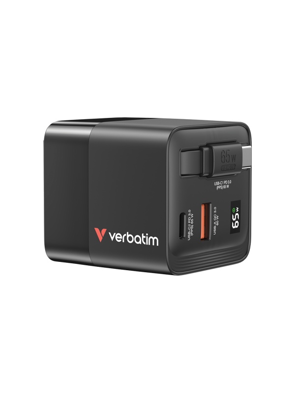Incarcator Verbatim GaN 65W cablu retract EU/UK/US1 x USB-C PD 65W, 1 x USB-A QC 3.0