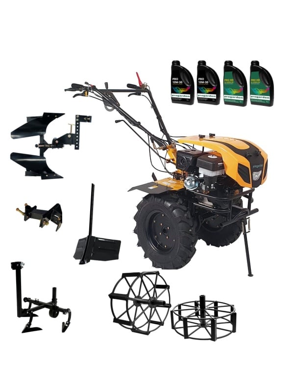 ProGARDEN Pachet Campo 1844 Motocultor 18CP + Plug bilonat + Plug reversibil + Prasitoare + Adaptor + 2 roti metalice 540x170 + 4L Ulei