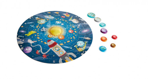 Puzzle, Hape, cu 102 piese reprezentand sistemul solar, pentru dezvoltarea dexteritatii si a coordonarii mana ochi, pentru copiii peste 5 ani