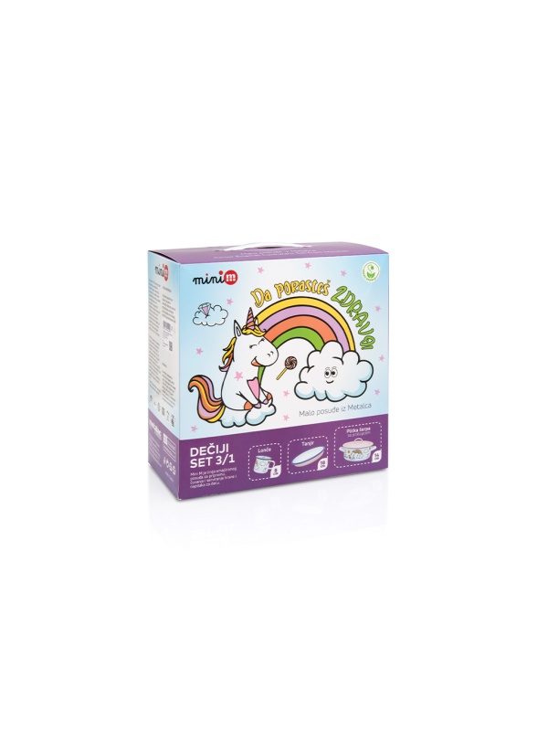 Set 3 piese 1.5l Unicorn Metalac email/Cana 8cm/Caserola capac14cm/Farfurie 18cm