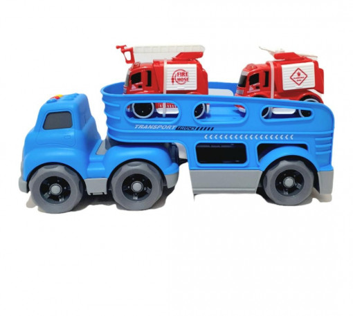 Trailer interactiv Kinetic Truck cu 2 masinute de pompieri, Albastru